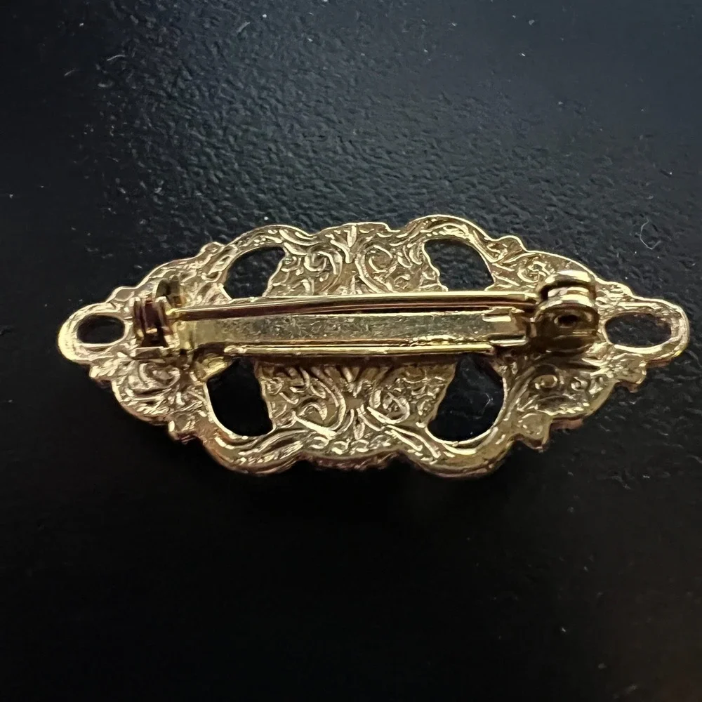 Gold Tone Imitation‎ Pearl Filigree Bar Brooch Vintage Victorian Style Pin